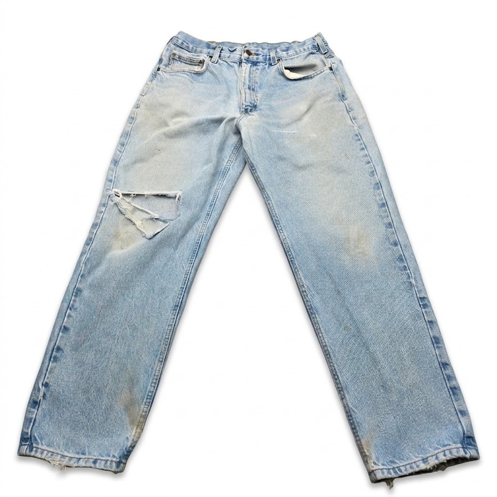 Carhartt Mens 35x30 Jeans B17 STW Light Wash Distressed Ripped Denim Workwear